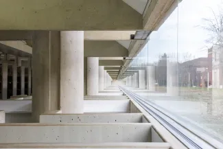 Reed Library windows showing the inspired design of I. M. Pei